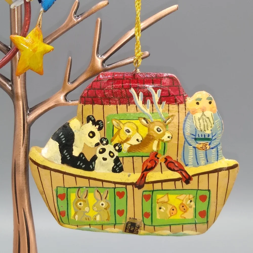 Christmas Tree Ornaments Wood Santa Glass Snowman Schoolboy Noah's Ark Set 5 Vtg